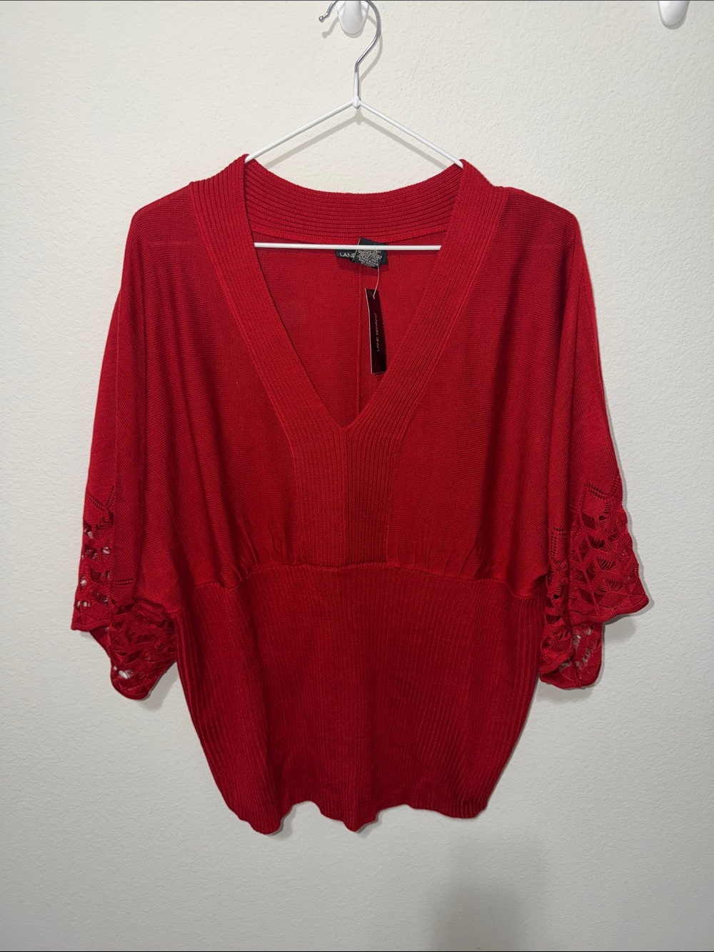 Lane Bryant Red V‑Neck Knit sweater with Crochet Sleeve Accents